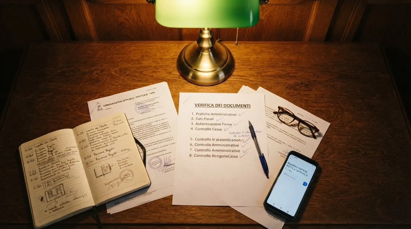 Una scrivania con checklist, lista concessioni ADM stampata e appunti di verifica, illuminata da una lampada da tavolo