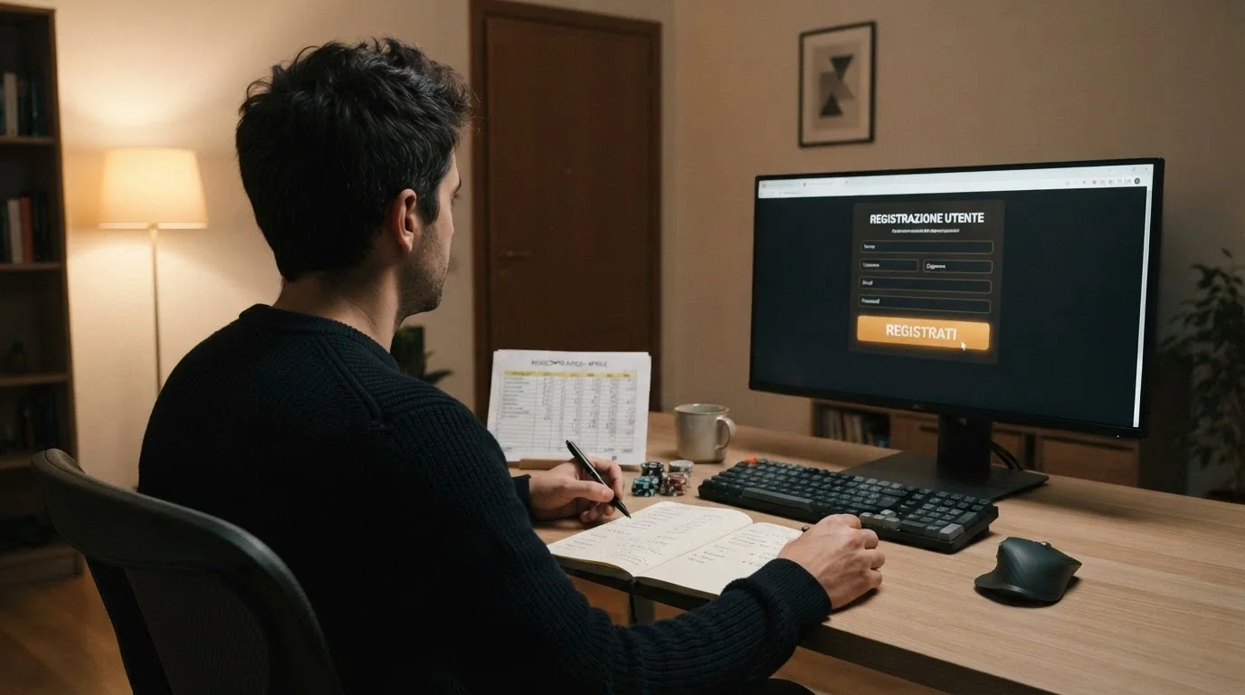 Un giocatore con una calcolatrice in mano davanti allo schermo, il cursore sospeso sopra il pulsante «Registrati» senza averlo ancora premuto